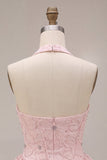 Pink Halter A Line 3D Floral Beaded Corset Homecoming Dress