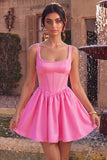 Pink Corset Pearl Square Neck Satin A Line Short Homecoming Dress