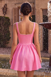 Pink Corset Pearl Square Neck Satin A Line Short Homecoming Dress