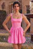 Pink Corset Pearl Square Neck Satin A Line Short Homecoming Dress