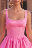 Pink Corset Pearl Square Neck Satin A Line Short Homecoming Dress