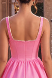 Pink Corset Pearl Square Neck Satin A Line Short Homecoming Dress
