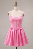 Pink Corset Pearl Square Neck Satin A Line Short Homecoming Dress