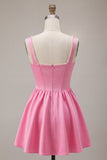 Pink Corset Pearl Square Neck Satin A Line Short Homecoming Dress
