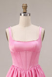 Pink Corset Pearl Square Neck Satin A Line Short Homecoming Dress