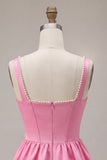 Pink Corset Pearl Square Neck Satin A Line Short Homecoming Dress