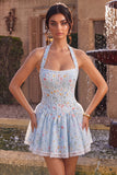 Halter Sky Blue Floral A Line Corset Short Homecoming Dress