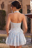 Halter Sky Blue Floral A Line Corset Short Homecoming Dress