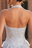 Halter Sky Blue Floral A Line Corset Short Homecoming Dress