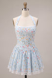 Halter Sky Blue Floral A Line Corset Short Homecoming Dress