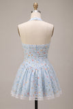 Halter Sky Blue Floral A Line Corset Short Homecoming Dress