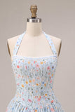 Halter Sky Blue Floral A Line Corset Short Homecoming Dress