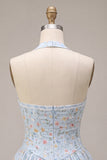 Halter Sky Blue Floral A Line Corset Short Homecoming Dress