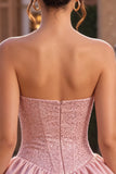 Corset A Line Pink Strapless Homecoming Dress with Beading