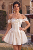 Off the Shoulder Ruffle Ivory Corset Satin A Line Homecoming Dress