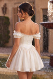 Off the Shoulder Ruffle Ivory Corset Satin A Line Homecoming Dress