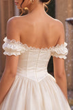 Off the Shoulder Ruffle Ivory Corset Satin A Line Homecoming Dress