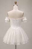 Off the Shoulder Ruffle Ivory Corset Satin A Line Homecoming Dress