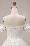 Off the Shoulder Ruffle Ivory Corset Satin A Line Homecoming Dress