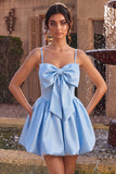 Sky Blue Satin A Line Homecoming Dress with Bow