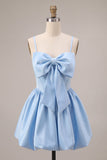 Sky Blue Satin A Line Homecoming Dress with Bow