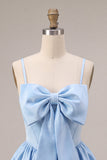 Sky Blue Satin A Line Homecoming Dress with Bow