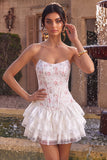 Strapless White Pink Flower Corset Tiered A Line Homecoming Dress