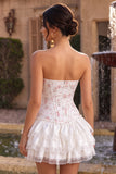 Strapless White Pink Flower Corset Tiered A Line Homecoming Dress
