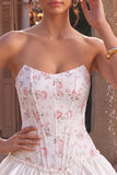 Strapless White Pink Flower Corset Tiered A Line Homecoming Dress