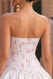 Strapless White Pink Flower Corset Tiered A Line Homecoming Dress