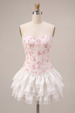 Strapless White Pink Flower Corset Tiered A Line Homecoming Dress
