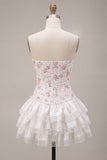 Strapless White Pink Flower Corset Tiered A Line Homecoming Dress