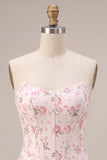 Strapless White Pink Flower Corset Tiered A Line Homecoming Dress