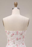 Strapless White Pink Flower Corset Tiered A Line Homecoming Dress