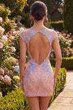 Pink V Neck Applique Sequin Cut Out Bodycon Homecoming Dress