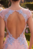 Pink V Neck Applique Sequin Cut Out Bodycon Homecoming Dress