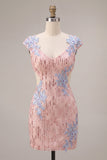 Pink V Neck Applique Sequin Cut Out Bodycon Homecoming Dress