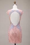 Pink V Neck Applique Sequin Cut Out Bodycon Homecoming Dress