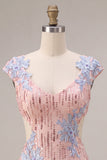 Pink V Neck Applique Sequin Cut Out Bodycon Homecoming Dress