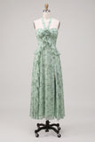 Halter Sage A Line Ruffled Floral Wedding Guest Dress with Slit