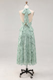 Halter Sage A Line Ruffled Floral Wedding Guest Dress with Slit