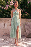 Halter Sage A Line Ruffled Floral Wedding Guest Dress with Slit