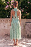 Halter Sage A Line Ruffled Floral Wedding Guest Dress with Slit