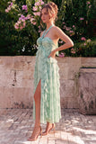 Halter Sage A Line Ruffled Floral Wedding Guest Dress with Slit