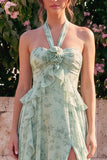 Halter Sage A Line Ruffled Floral Wedding Guest Dress with Slit