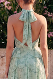 Halter Sage A Line Ruffled Floral Wedding Guest Dress with Slit