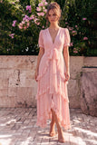 Pink V Neck Tiered Ruffle Wedding Guest Dress with Belt