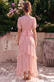 Pink V Neck Tiered Ruffle Wedding Guest Dress with Belt