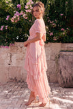 Pink V Neck Tiered Ruffle Wedding Guest Dress with Belt