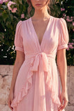 Pink V Neck Tiered Ruffle Wedding Guest Dress with Belt